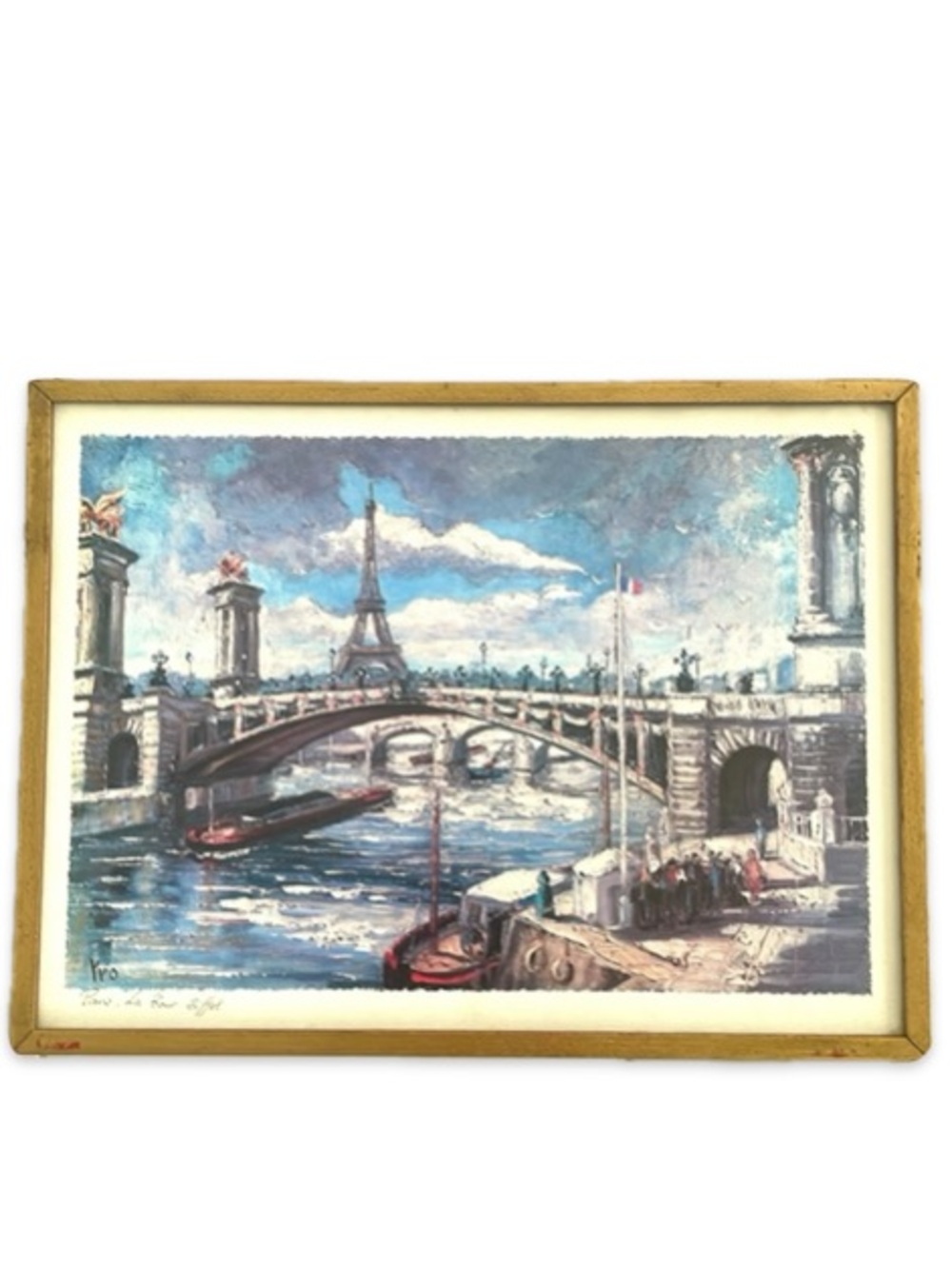 Vintage Paris La Tour Eiffel Art Print Signed YVO Antique Gold Wood Frame 15x20